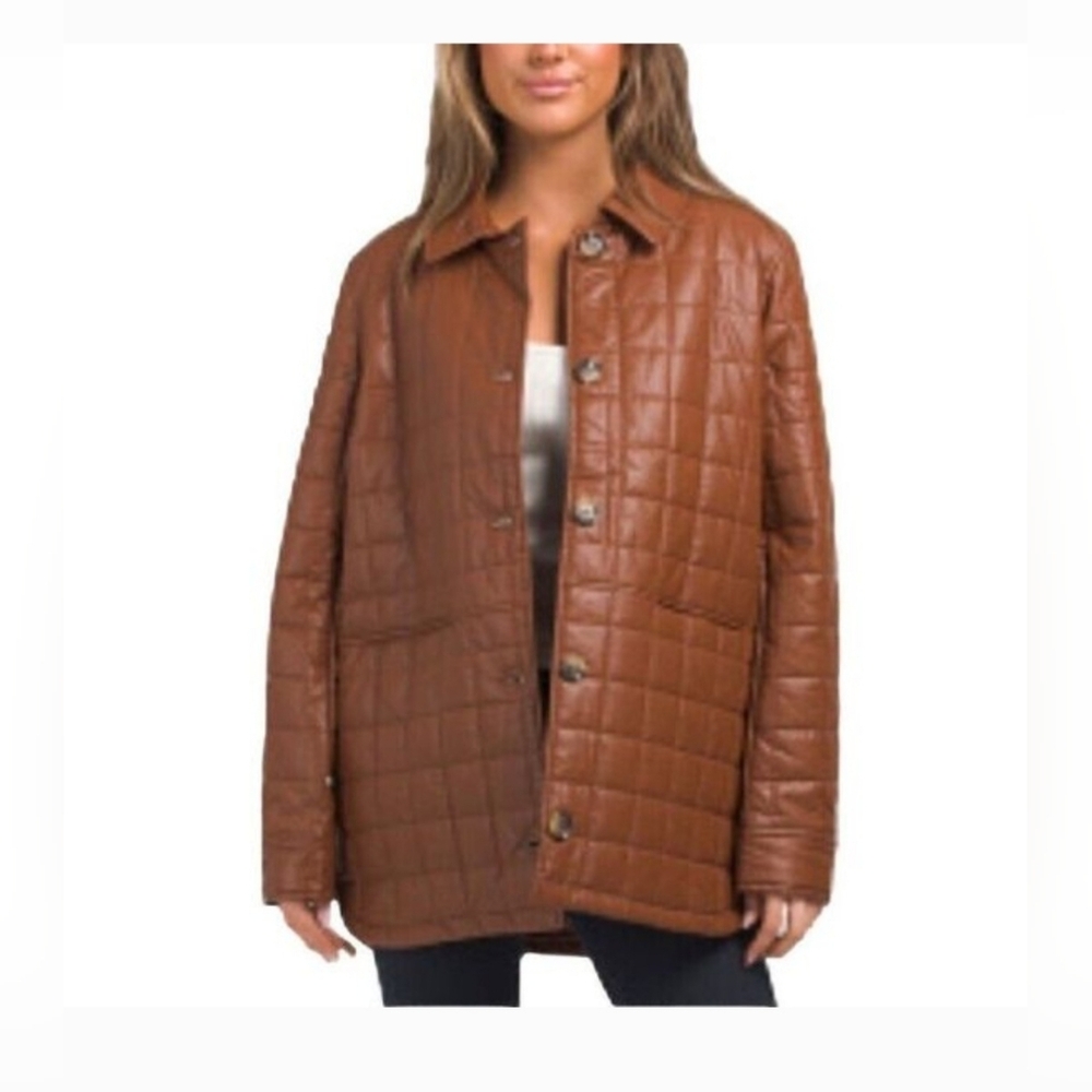 Sam Edelman Shacket Medium Cognac Brown Faux Leather Quilted Pattern Jacket